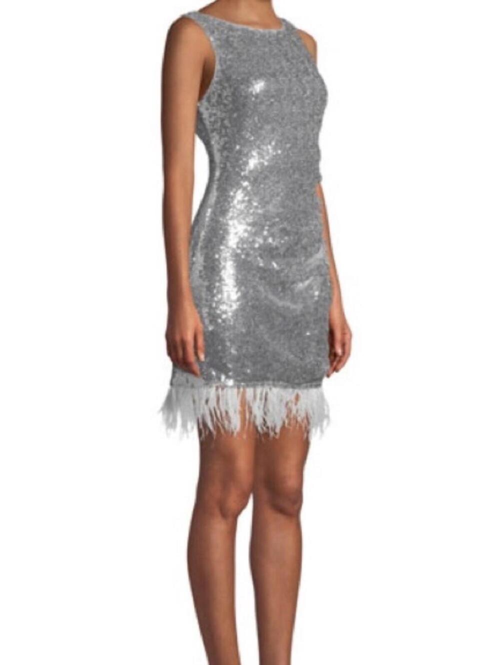 Silver Sequin Sleeveless Cocktail Dress with Feather Trim